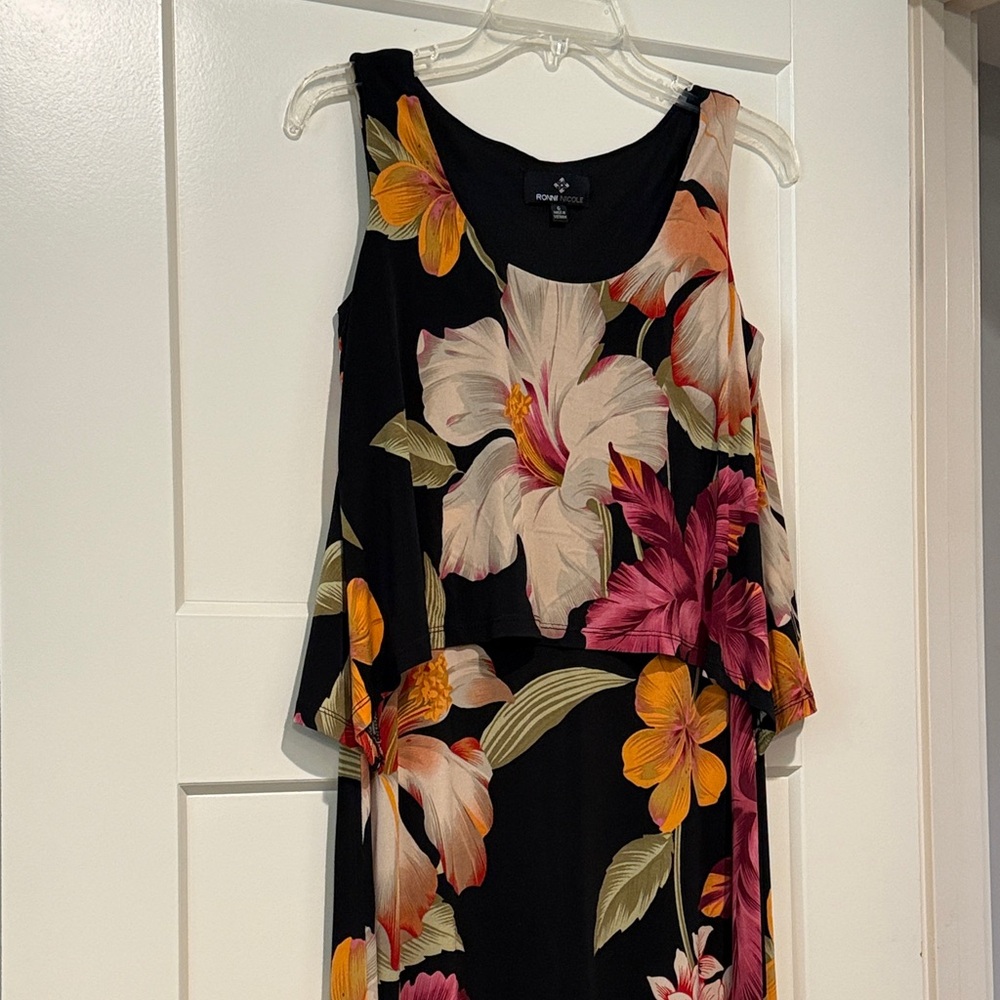 Ronni Nicole Black Floral Maxi Dress with Pink & Olive Accents